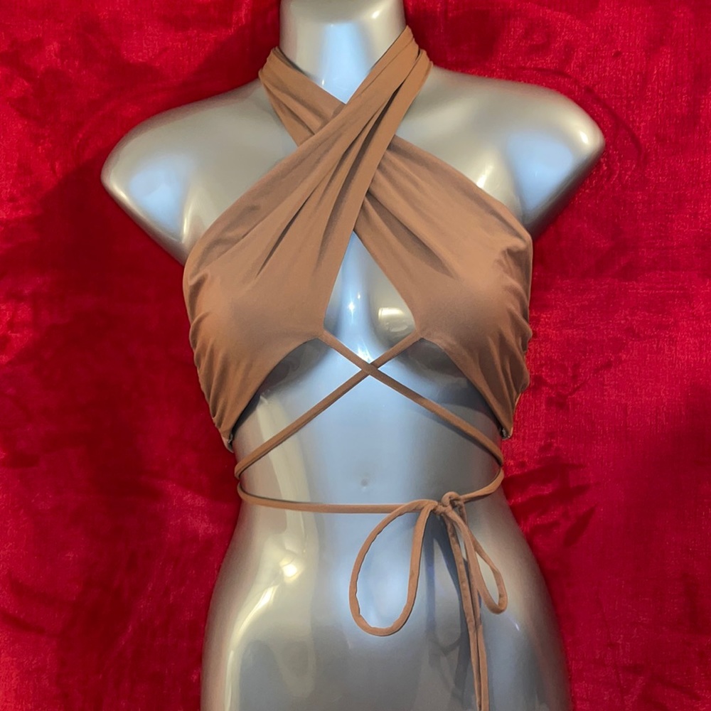 Cross Front Wrap Crop Top - Taupe